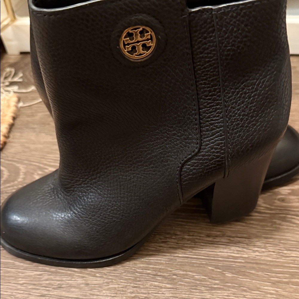Like new - Tory Burch Black Heeled Boots with Gold Accent